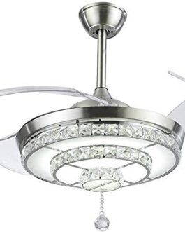 Efperfect 42\” Crystal Ceiling Fan with Light Retractable Blades Chrome Modern LED Chandelier Remote 3 Color Changes 3 Speeds Silent Ceiling Fans Lighting Fixture, LED Kits Included