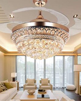 42-Inch Crystal Invisible Ceiling Fan with Light, LED Chandelier with Remote Control Retractable Blade Adjustable Tri-color and 3 Wind Speed Decorative Lighting Fans Chandelier (gold)