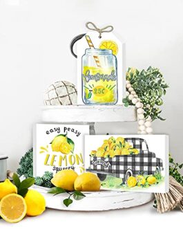Lemon Tiered Tray Decor,Mini Lemon Lemon Kitchen Decor and Accessories,Rustic Farmhouse Wood Easy Peasy Lemon Squeezy Sign for Summer Home Decoration of Housewarming Gift Set of 3