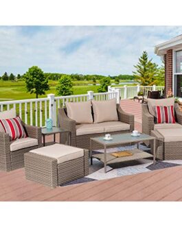 Stamo Patio Conversation Sets 8-Piece Coffee PE Wicker Furniture Chair Sets with Glass Table, All Weather Outdoor Rattan Wicker Cushioned Sectional Patio Sofa Chairs with Coffee Cushions