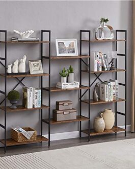 Superjare Triple Wide 4-Tier Bookshelf, Rustic Industrial Style Book Shelf, Wood and Metal Bookcase Furniture for Home & Office – Rustic Brown