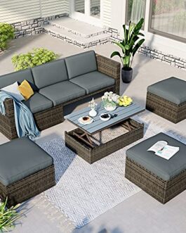 Merax 5 Pcs Conversation Sets Outdoor Patio Sofa with Adjustable Backrest, Cushions, Ottomans and Lift Top Coffee Table, Gray