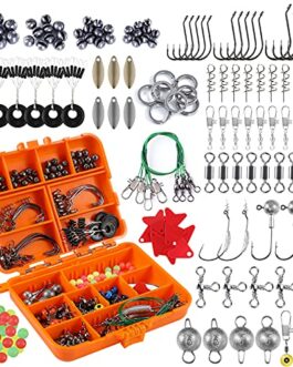 PLUSINNO Fishing Accessories Kit, 212pcs Bass/Trout Fishing Tackle Kit with Tackle Box Including Fishing Hooks, Swivel Snap, Weights Sinkers, Saltwater Freshwater Fishing Gear Equipment Stuff