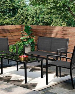 Greesum 4 Pieces Patio Furniture Set, Outdoor Conversation Sets for Patio, Lawn, Garden, Poolside with A Glass Coffee Table, Black